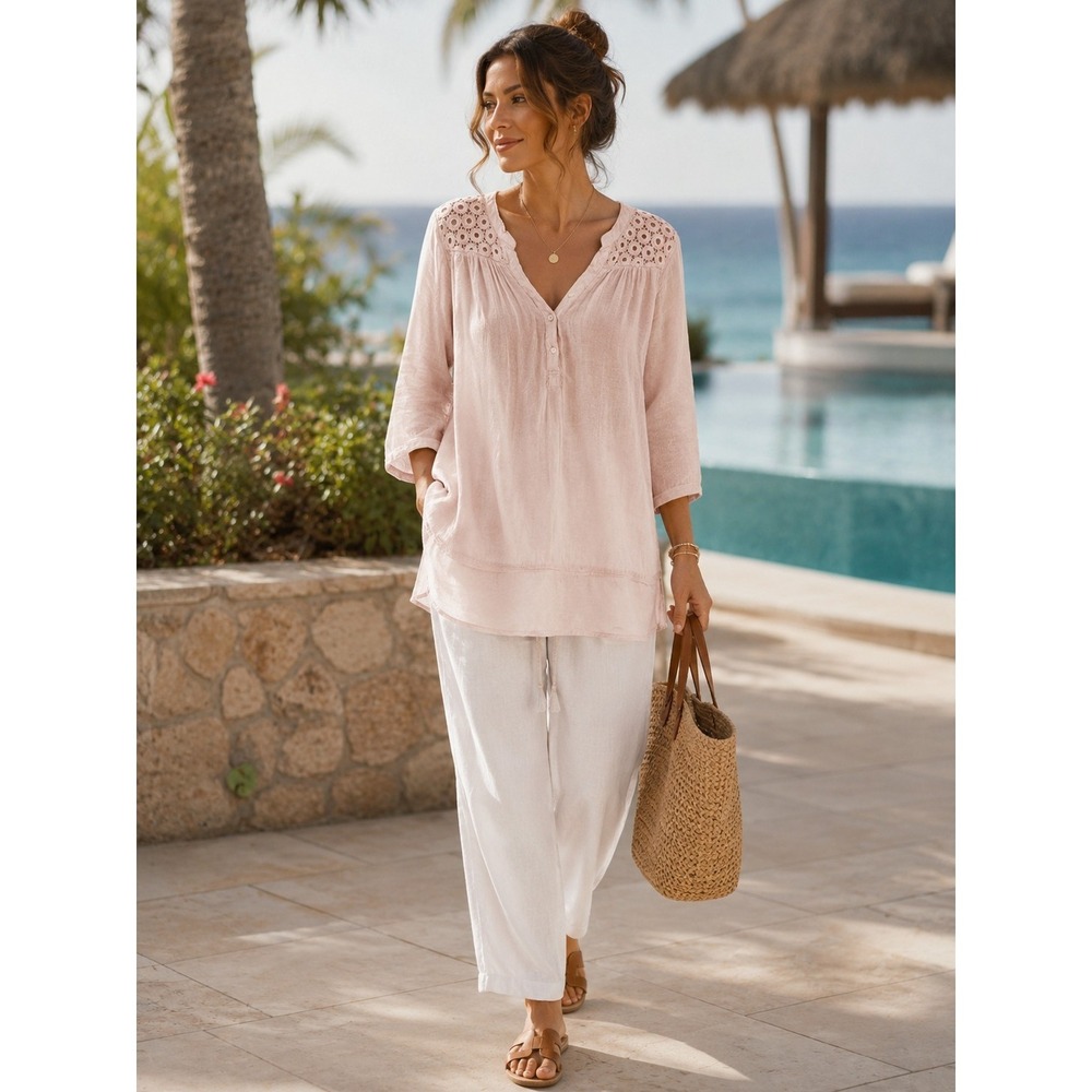 Dolma Open Weave Linen‎ Vacation Lagenlook Boho Blouse Blush Pink Size L